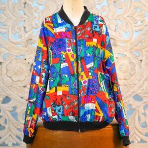 Petite Impressions Women's Size 10 Retro Abstract Art Bomber Jacket Vintage USA